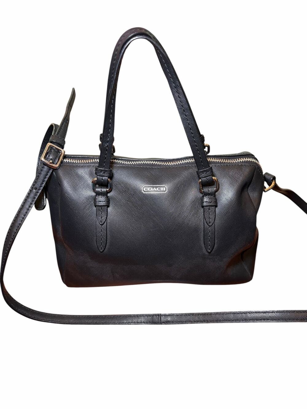 Coach Black Saffiano Leather Satchel Purse Crossbody Handbag Shoulder Bag Silver